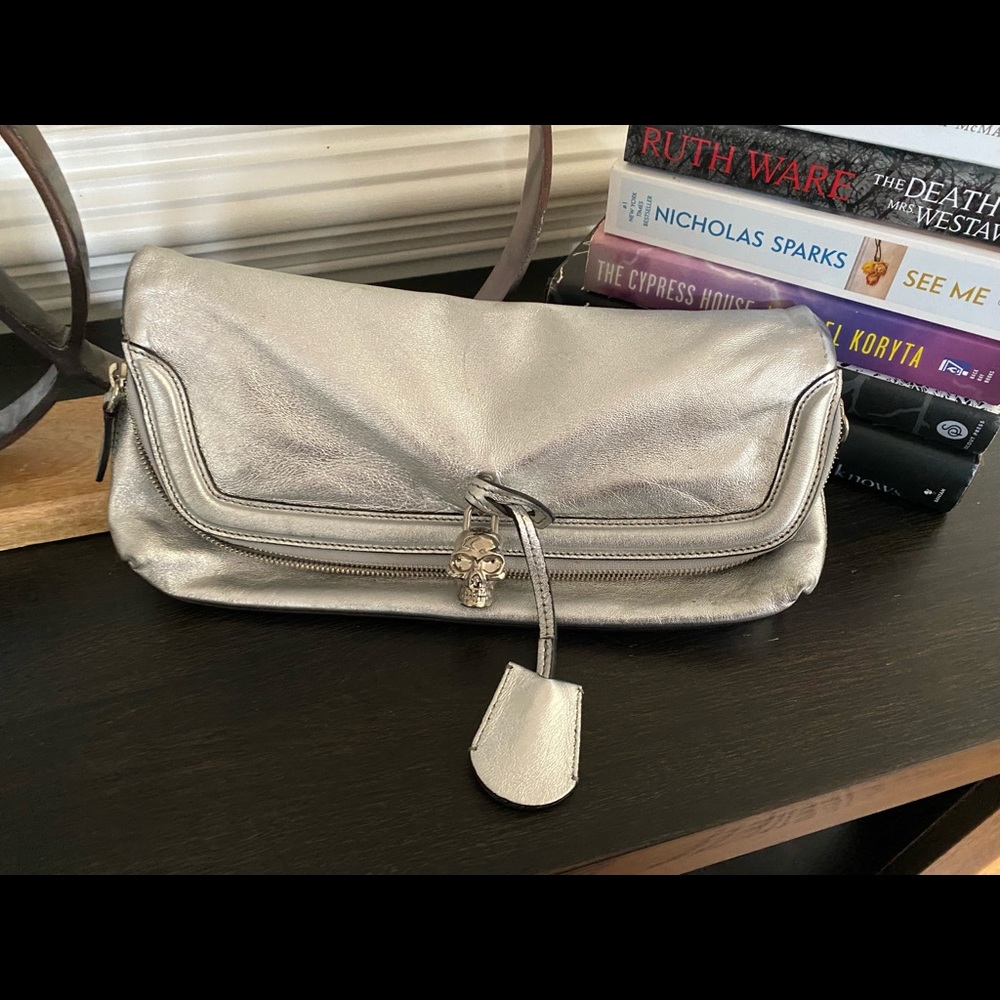 Alexander McQueen Silver Skull Padlock Leather Studded Fold Over Clutch